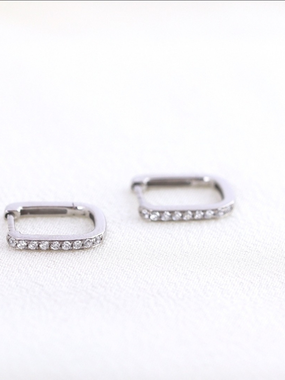Sterling Silver Square Hoop Earrings with Clear CZ Accents - White